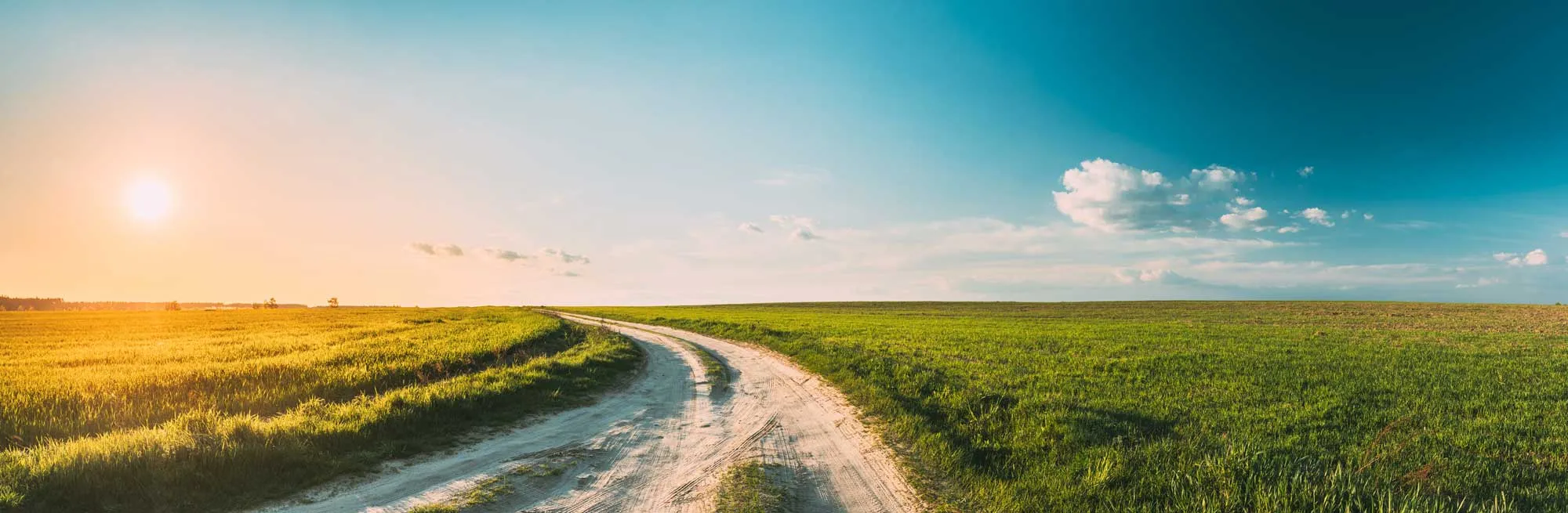 A long road stretching through a vast grassy landscape with clouds across the vibrant sky